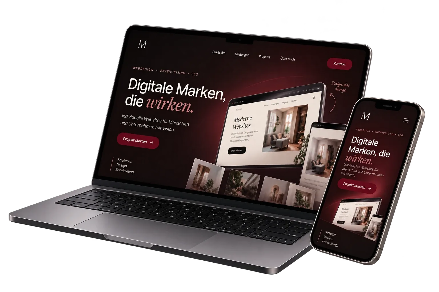 Freigestelltes Mockup einer Website auf Laptop und Smartphone, dunkles Design mit Burgundy-Akzenten